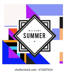 Trendy vector summer cards illustration with elements and abstract colorful textures. Design for holiday vacation poster, card, brochure, and promotion template. Fashion art print and background.