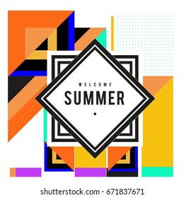 Trendy vector summer cards illustration with elements and abstract colorful textures. Design for holiday vacation poster, card, brochure, and promotion template. Fashion art print and background.