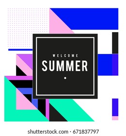 Trendy vector summer cards illustration with elements and abstract colorful textures. Design for holiday vacation poster, card, brochure, and promotion template. Fashion art print and background.