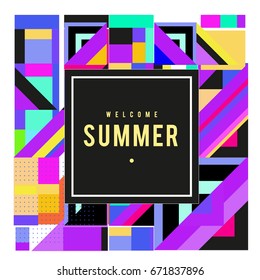 Trendy vector summer cards illustration with elements and abstract colorful textures. Design for holiday vacation poster, card, brochure, and promotion template. Fashion art print and background.