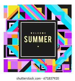 Trendy vector summer cards illustration with elements and abstract colorful textures. Design for holiday vacation poster, card, brochure, and promotion template. Fashion art print and background.