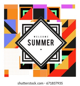 Trendy vector summer cards illustration with elements and abstract colorful textures. Design for holiday vacation poster, card, brochure, and promotion template. Fashion art print and background.