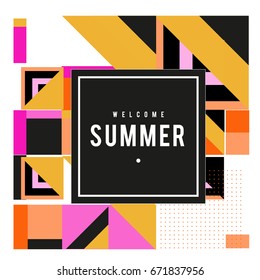 Trendy vector summer cards illustration with elements and abstract colorful textures. Design for holiday vacation poster, card, brochure, and promotion template. Fashion art print and background.