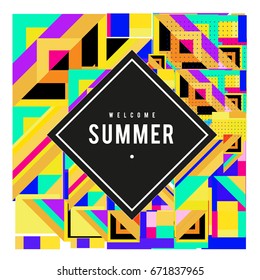 Trendy vector summer cards illustration with elements and abstract colorful textures. Design for holiday vacation poster, card, brochure, and promotion template. Fashion art print and background.