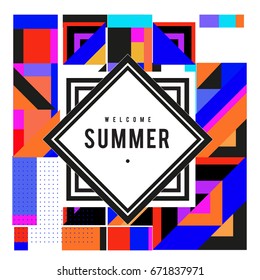 Trendy vector summer cards illustration with elements and abstract colorful textures. Design for holiday vacation poster, card, brochure, and promotion template. Fashion art print and background.