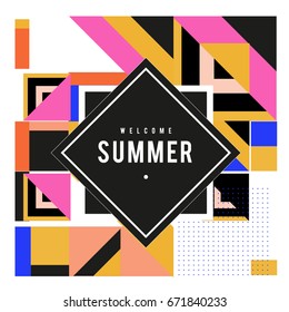 Trendy vector summer cards illustration with elements and abstract colorful textures. Design for holiday vacation poster, card, brochure, and promotion template. Fashion art print and background.