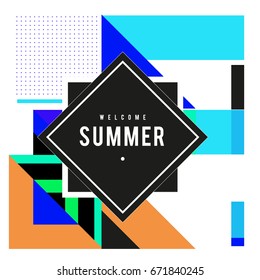 Trendy vector summer cards illustration with elements and abstract colorful textures. Design for holiday vacation poster, card, brochure, and promotion template. Fashion art print and background.