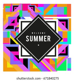 Trendy vector summer cards illustration with elements and abstract colorful textures. Design for holiday vacation poster, card, brochure, and promotion template. Fashion art print and background.
