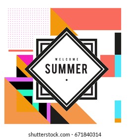 Trendy vector summer cards illustration with elements and abstract colorful textures. Design for holiday vacation poster, card, brochure, and promotion template. Fashion art print and background.
