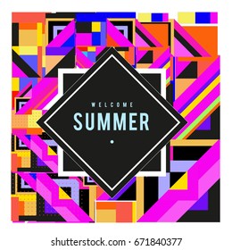 Trendy vector summer cards illustration with elements and abstract colorful textures. Design for holiday vacation poster, card, brochure, and promotion template. Fashion art print and background.