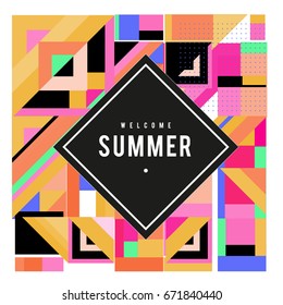 Trendy vector summer cards illustration with elements and abstract colorful textures. Design for holiday vacation poster, card, brochure, and promotion template. Fashion art print and background.