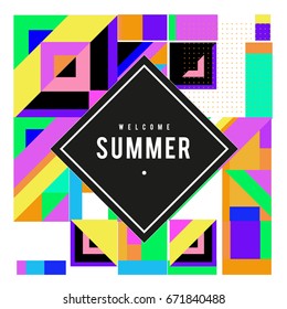 Trendy vector summer cards illustration with elements and abstract colorful textures. Design for holiday vacation poster, card, brochure, and promotion template. Fashion art print and background.