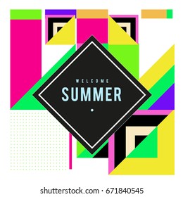 Trendy vector summer cards illustration with elements and abstract colorful textures. Design for holiday vacation poster, card, brochure, and promotion template. Fashion art print and background.