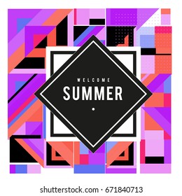 Trendy vector summer cards illustration with elements and abstract colorful textures. Design for holiday vacation poster, card, brochure, and promotion template. Fashion art print and background.