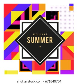 Trendy vector summer cards illustration with elements and abstract colorful textures. Design for holiday vacation poster, card, brochure, and promotion template. Fashion art print and background.