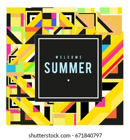 Trendy vector summer cards illustration with elements and abstract colorful textures. Design for holiday vacation poster, card, brochure, and promotion template. Fashion art print and background.