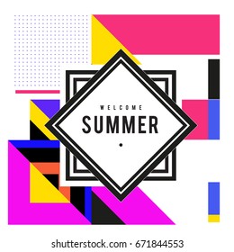 Trendy vector summer cards illustration with elements and abstract colorful textures. Design for holiday vacation poster, card, brochure, and promotion template. Fashion art print and background.