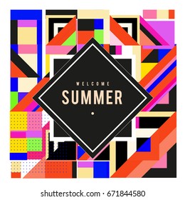 Trendy vector summer cards illustration with elements and abstract colorful textures. Design for holiday vacation poster, card, brochure, and promotion template. Fashion art print and background.