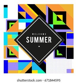 Trendy vector summer cards illustration with elements and abstract colorful textures. Design for holiday vacation poster, card, brochure, and promotion template. Fashion art print and background.