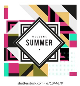 Trendy vector summer cards illustration with elements and abstract colorful textures. Design for holiday vacation poster, card, brochure, and promotion template. Fashion art print and background.