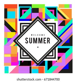 Trendy vector summer cards illustration with elements and abstract colorful textures. Design for holiday vacation poster, card, brochure, and promotion template. Fashion art print and background.