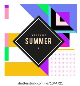 Trendy vector summer cards illustration with elements and abstract colorful textures. Design for holiday vacation poster, card, brochure, and promotion template. Fashion art print and background.