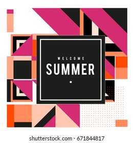 Trendy vector summer cards illustration with elements and abstract colorful textures. Design for holiday vacation poster, card, brochure, and promotion template. Fashion art print and background.
