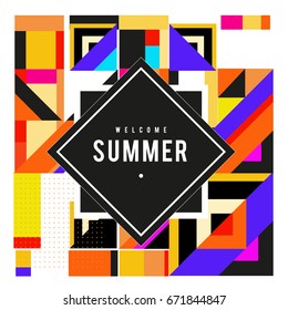 Trendy vector summer cards illustration with elements and abstract colorful textures. Design for holiday vacation poster, card, brochure, and promotion template. Fashion art print and background.