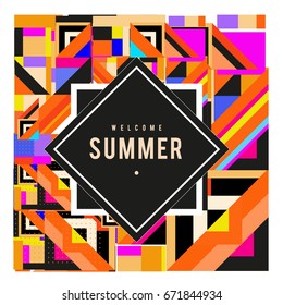 Trendy vector summer cards illustration with elements and abstract colorful textures. Design for holiday vacation poster, card, brochure, and promotion template. Fashion art print and background.