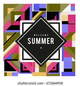 Trendy vector summer cards illustration with elements and abstract colorful textures. Design for holiday vacation poster, card, brochure, and promotion template. Fashion art print and background.