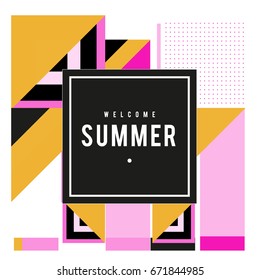 Trendy vector summer cards illustration with elements and abstract colorful textures. Design for holiday vacation poster, card, brochure, and promotion template. Fashion art print and background.