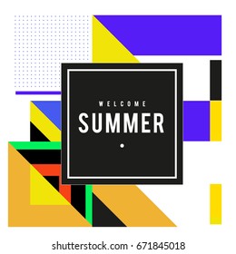 Trendy vector summer cards illustration with elements and abstract colorful textures. Design for holiday vacation poster, card, brochure, and promotion template. Fashion art print and background.