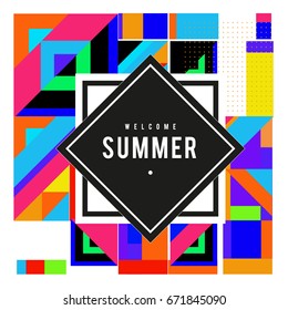 Trendy vector summer cards illustration with elements and abstract colorful textures. Design for holiday vacation poster, card, brochure, and promotion template. Fashion art print and background.