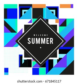 Trendy vector summer cards illustration with elements and abstract colorful textures. Design for holiday vacation poster, card, brochure, and promotion template. Fashion art print and background.