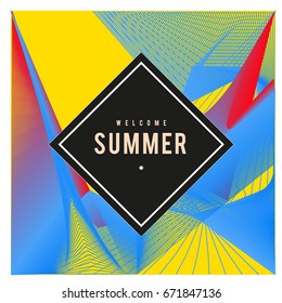 Trendy vector summer cards illustration with elements and abstract colorful textures. Design for holiday vacation poster, card, brochure, and promotion template. Fashion art print and background.