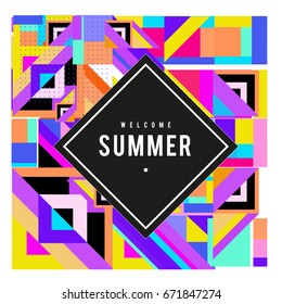 Trendy vector summer cards illustration with elements and abstract colorful textures. Design for holiday vacation poster, card, brochure, and promotion template. Fashion art print and background.
