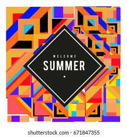 Trendy vector summer cards illustration with elements and abstract colorful textures. Design for holiday vacation poster, card, brochure, and promotion template. Fashion art print and background.