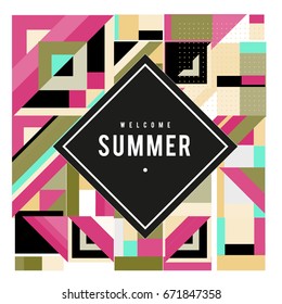 Trendy vector summer cards illustration with elements and abstract colorful textures. Design for holiday vacation poster, card, brochure, and promotion template. Fashion art print and background.