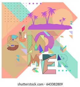 Trendy vector summer illustration with memphis style typography and abstract elements. Design for poster, card, invitation, brochure, and promotion template. Fashion art print and background.