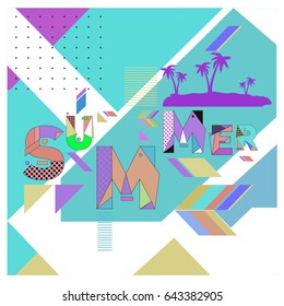 Trendy vector summer illustration with memphis style typography and abstract elements. Design for poster, card, invitation, brochure, and promotion template. Fashion art print and background.