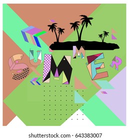 Trendy vector summer illustration with memphis style typography and abstract elements. Design for poster, card, invitation, brochure, and promotion template. Fashion art print and background.