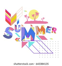 Trendy vector summer illustration with memphis style typography and abstract elements. Design for poster, card, invitation, brochure, and promotion template. Fashion art print and background.
