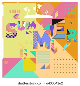 Trendy vector summer illustration with memphis style typography and abstract elements. Design for poster, card, invitation, brochure, and promotion template. Fashion art print and background.