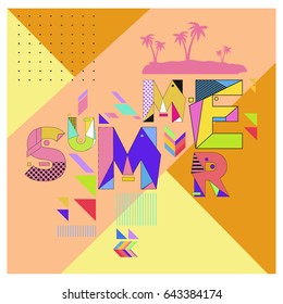 Trendy vector summer illustration with memphis style typography and abstract elements. Design for poster, card, invitation, brochure, and promotion template. Fashion art print and background.