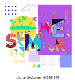 Trendy vector summer illustration with memphis style typography and abstract elements. Design for poster, card, invitation, brochure, and promotion template. Fashion art print and background.
