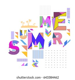 Trendy vector summer illustration with memphis style typography and abstract elements. Design for poster, card, invitation, brochure, and promotion template. Fashion art print and background.