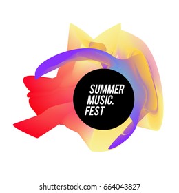 Trendy vector summer music festival with elements and abstract colorful textures. Design for holiday vacation poster, card, brochure, and promotion template. Fashion art print and background.