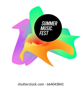 Trendy vector summer music festival with elements and abstract colorful textures. Design for holiday vacation poster, card, brochure, and promotion template. Fashion art print and background.