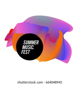 Trendy vector summer music festival with elements and abstract colorful textures. Design for holiday vacation poster, card, brochure, and promotion template. Fashion art print and background.