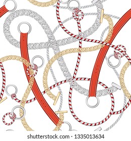 Trendy Vector Summer Nautical mood Seamless  pattern with sea ropes chain and belt on a white background for fashion ,wallpaper ,fabric and all prints